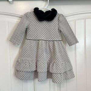 Janie and Jack girls black and white faux fur collar tiered dress size 18-24 mo